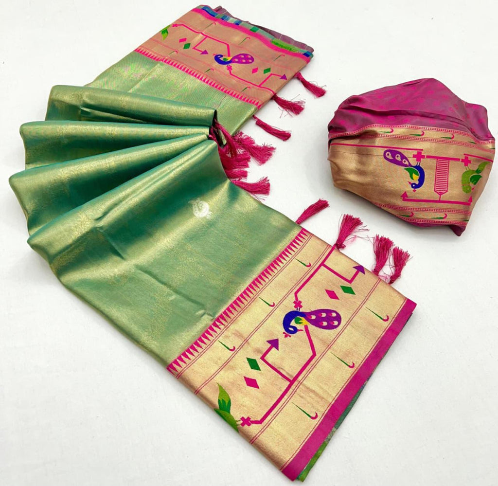 Rama green soft tissue paithani silk saree with zari weaving work