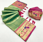 Rama green soft tissue paithani silk saree with zari weaving work