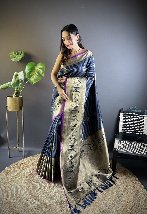 Navy blue kanchipuram silk saree with golden zari weaving work