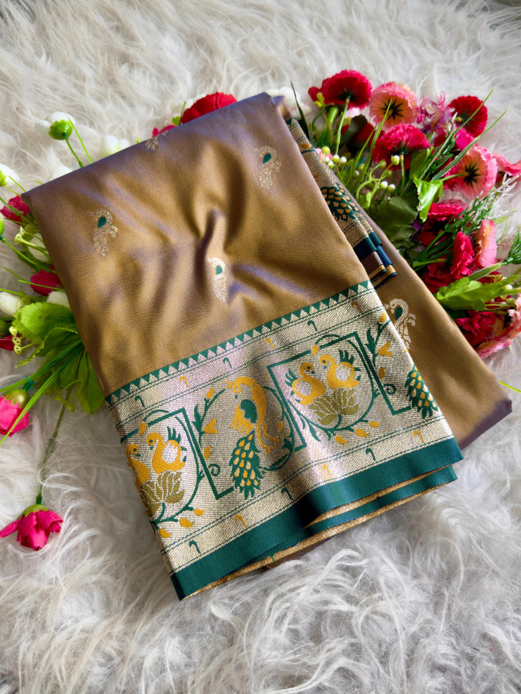 Brown traditional paithani silk saree with peacock zari weaving work