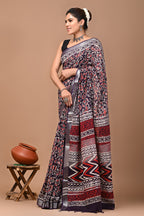 Multi colour pure linen cotton saree with bagru handblock printed work