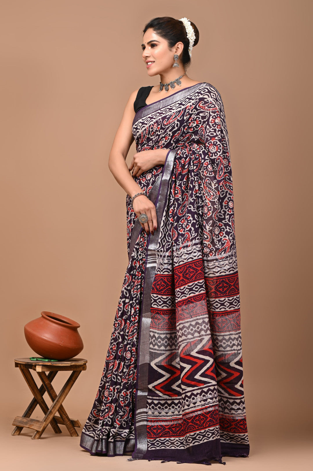 Multi colour pure linen cotton saree with bagru handblock printed work