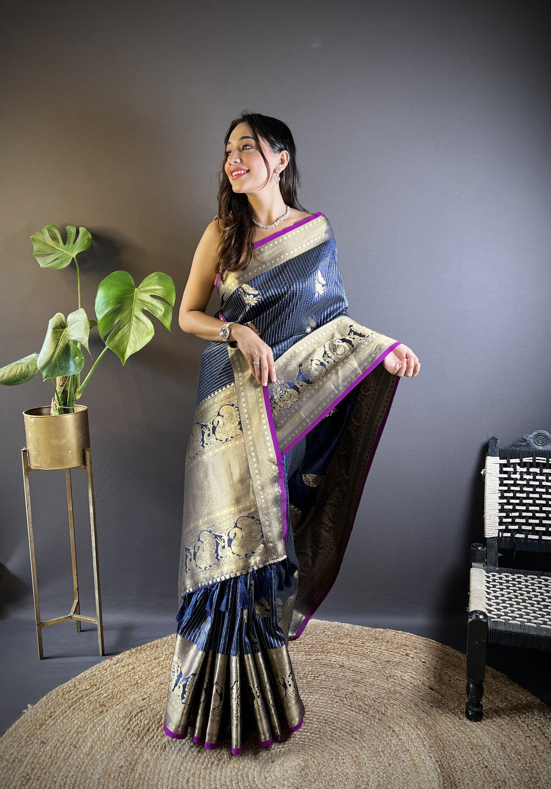 Navy blue kanchipuram silk saree with golden zari weaving work