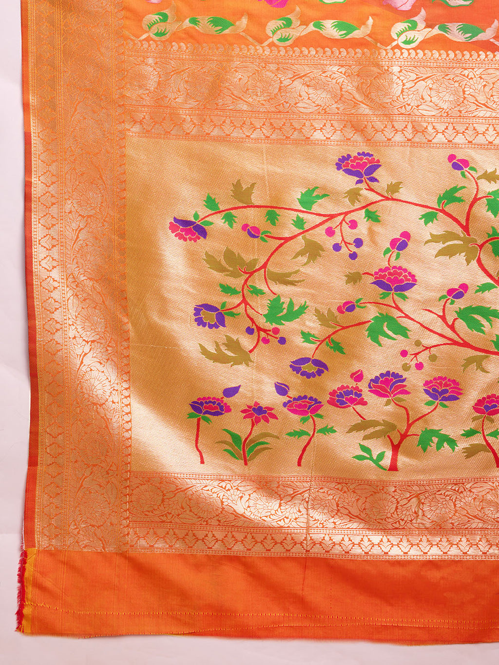 Orange color paithani silk saree with zari weaving work