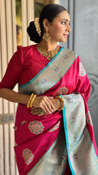 Rani pink luxurious banarasi silk saree with zari weaving work