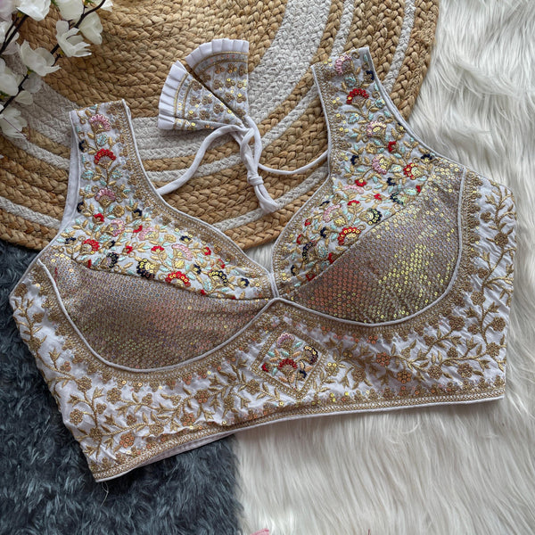 White vichitara silk readymade blouse with embroidery & sequence work