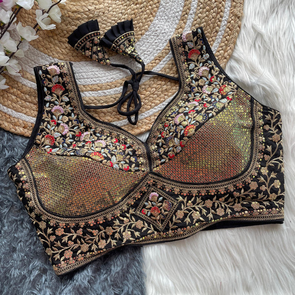 Black vichitara silk readymade blouse with embroidery & sequence work