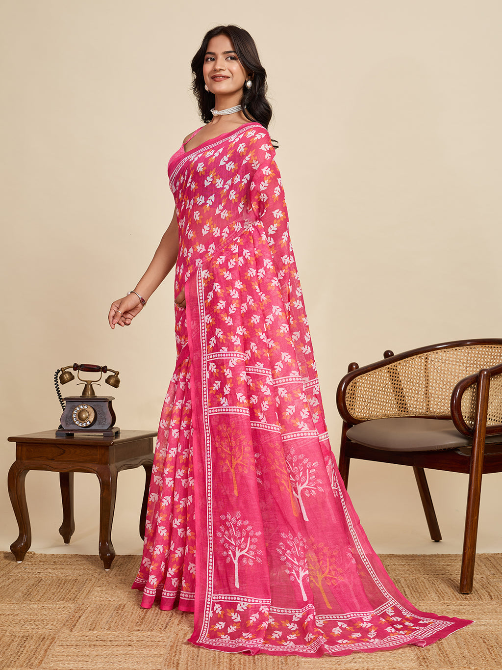 Pink linen cotton saree with digital printed work and silver zari border