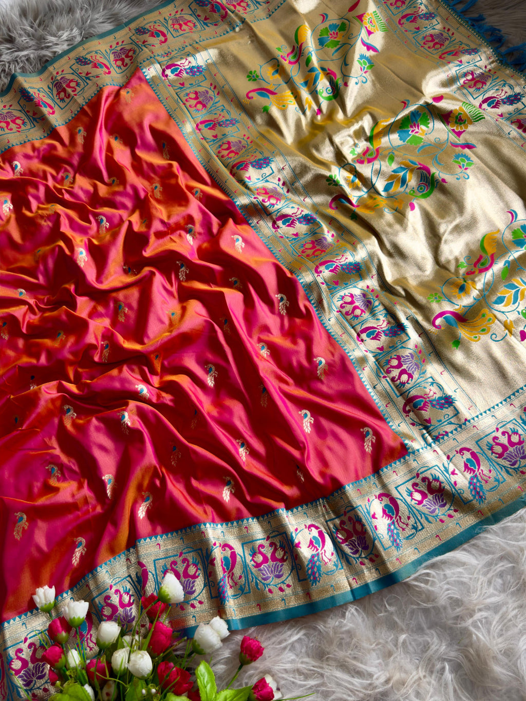 Peach traditional paithani silk saree with peacock zari weaving work