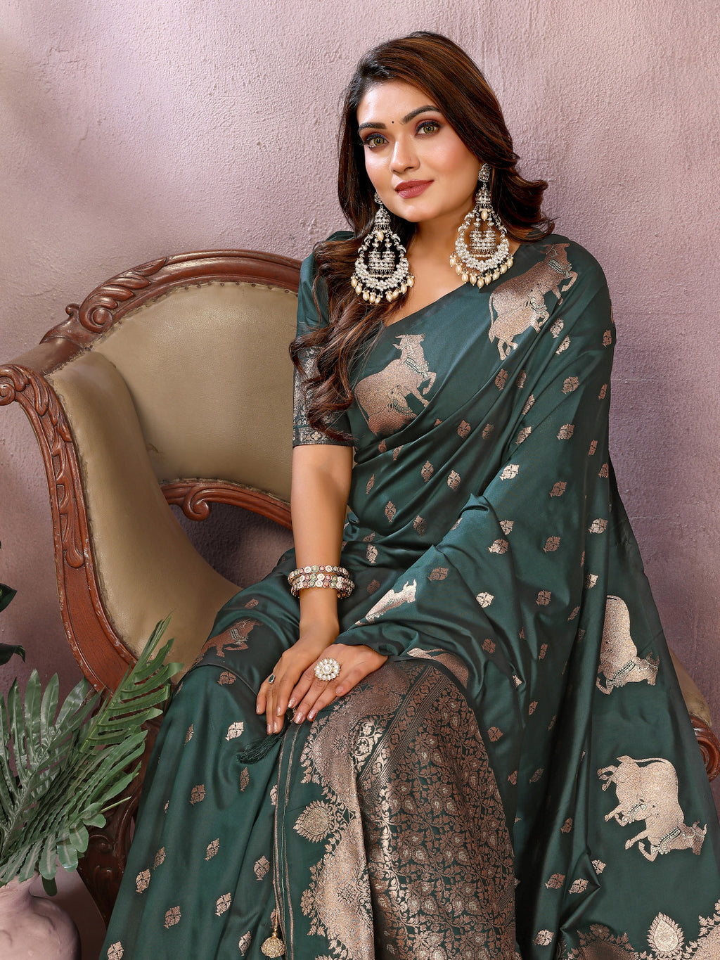 Green traditional banarasi silk saree with zari weaving work