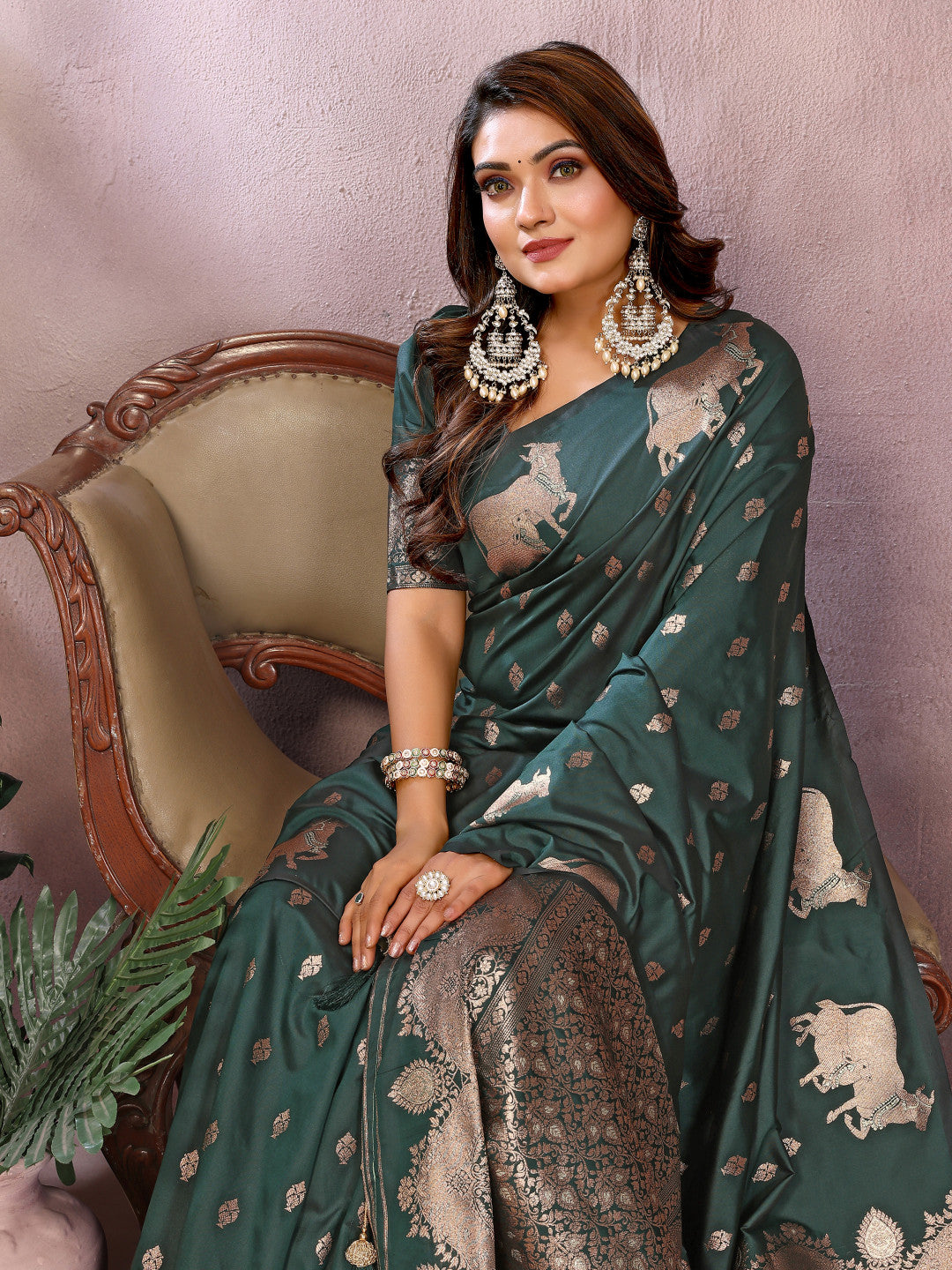 Green traditional banarasi silk saree with zari weaving work
