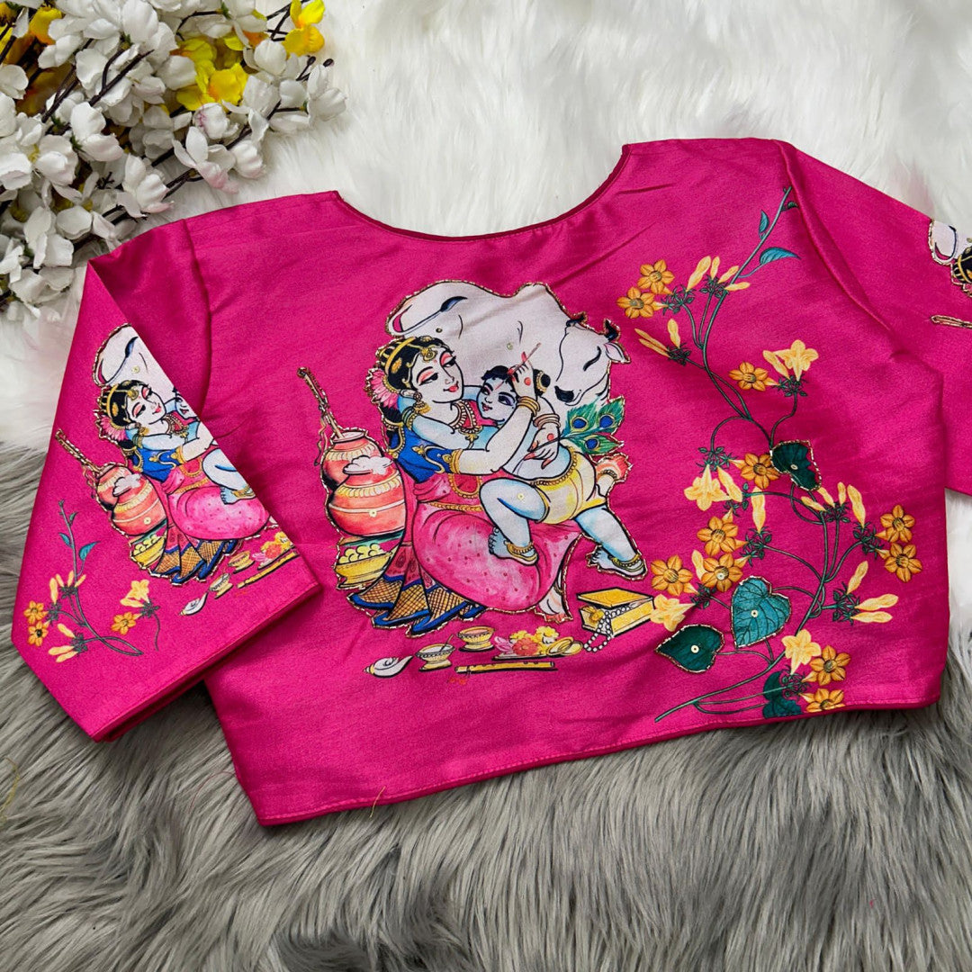 Pink silk readymade blouse with kalamkari printed work