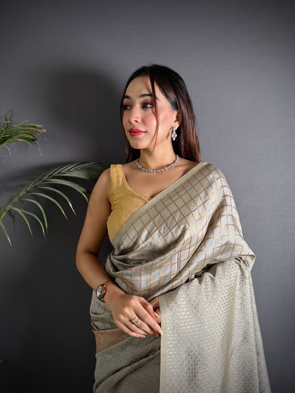 Gray color banarasi silk saree with zari weaving work