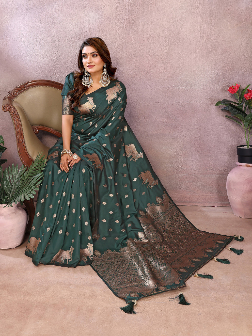 Green traditional banarasi silk saree with zari weaving work