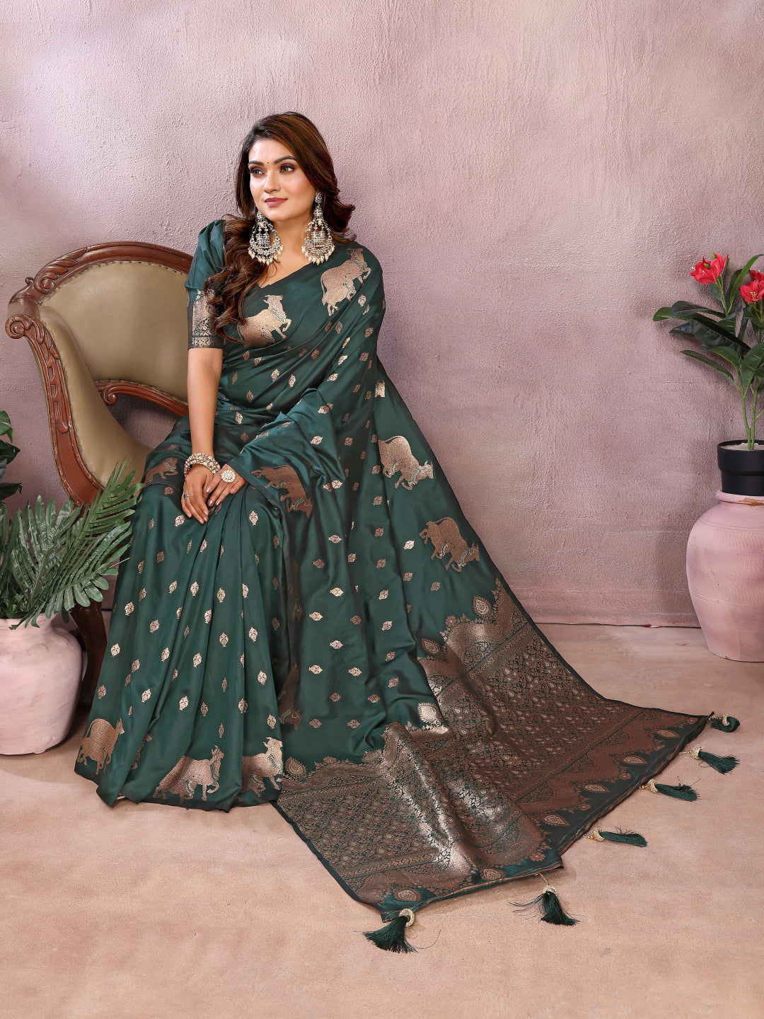 Green traditional banarasi silk saree with zari weaving work