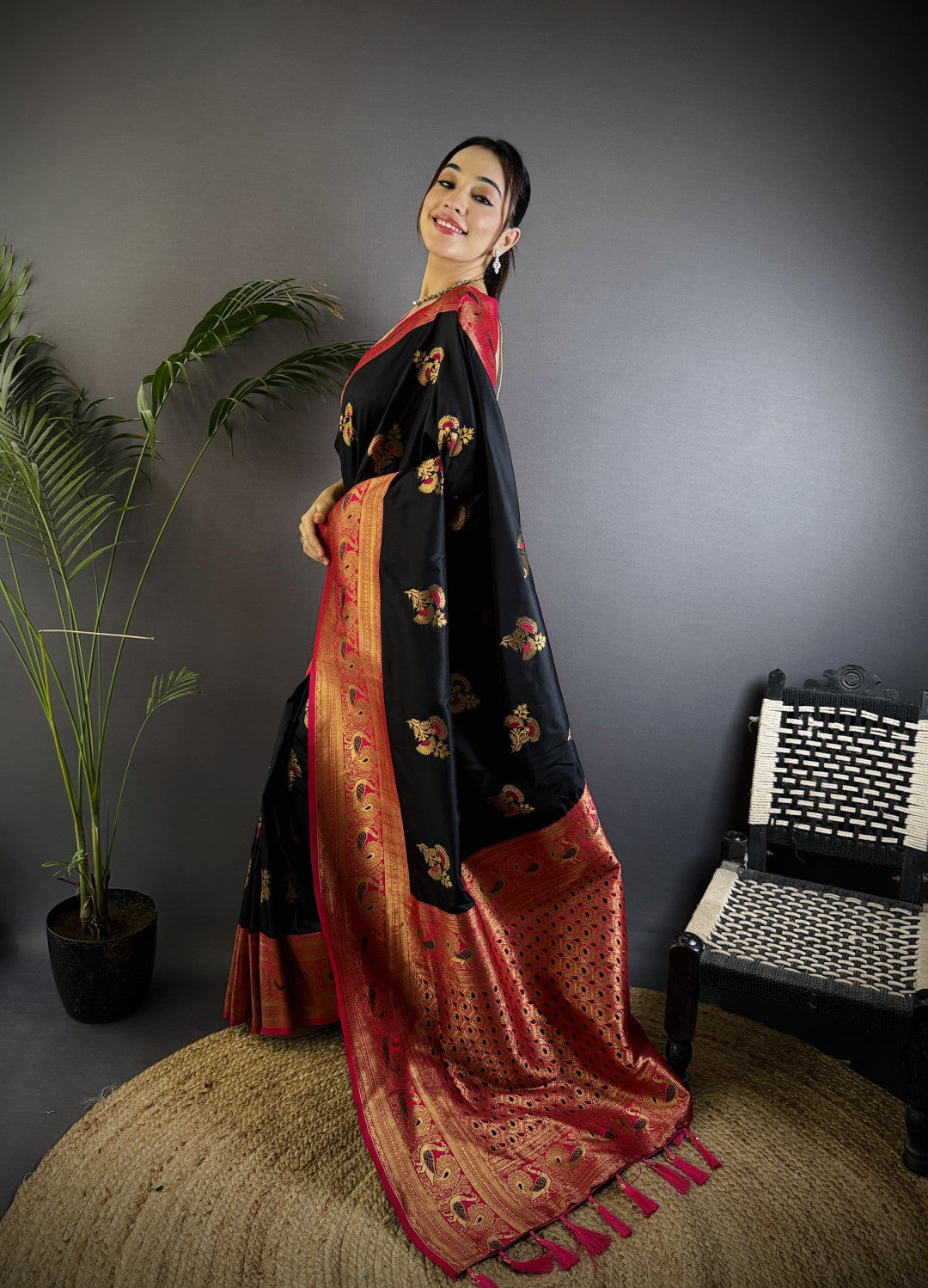 Black traditional banarasi silk saree with zari weaving work