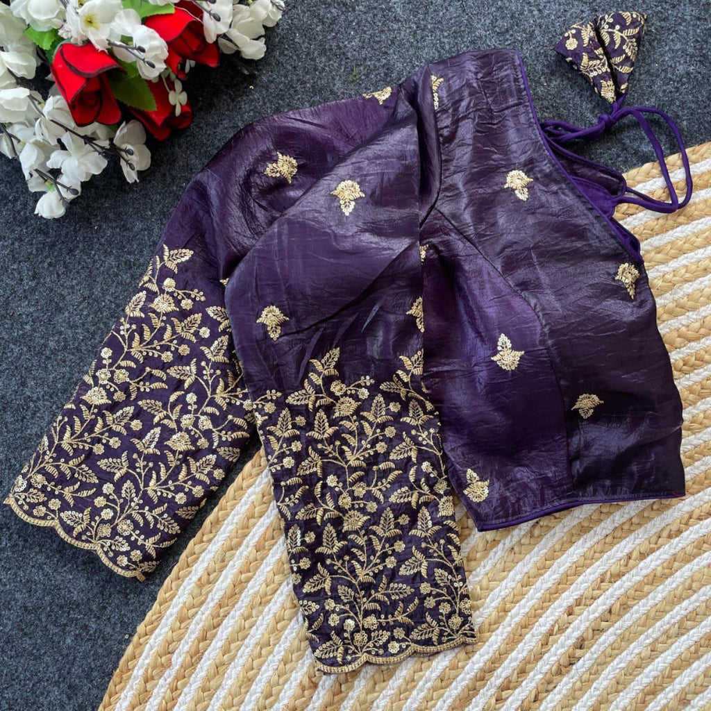 Purple golden crush readymade blouse with sequence and zari work