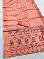 Peach lichi silk paithani saree with copper zari weaving work