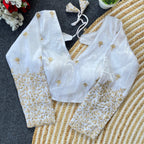 White golden crush readymade blouse with sequence and zari work