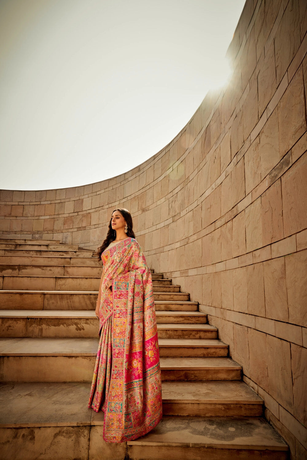 Cream traditional pashmina cotton saree with woven design