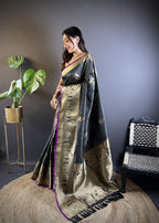 Black kanchipuram silk saree with golden zari weaving work