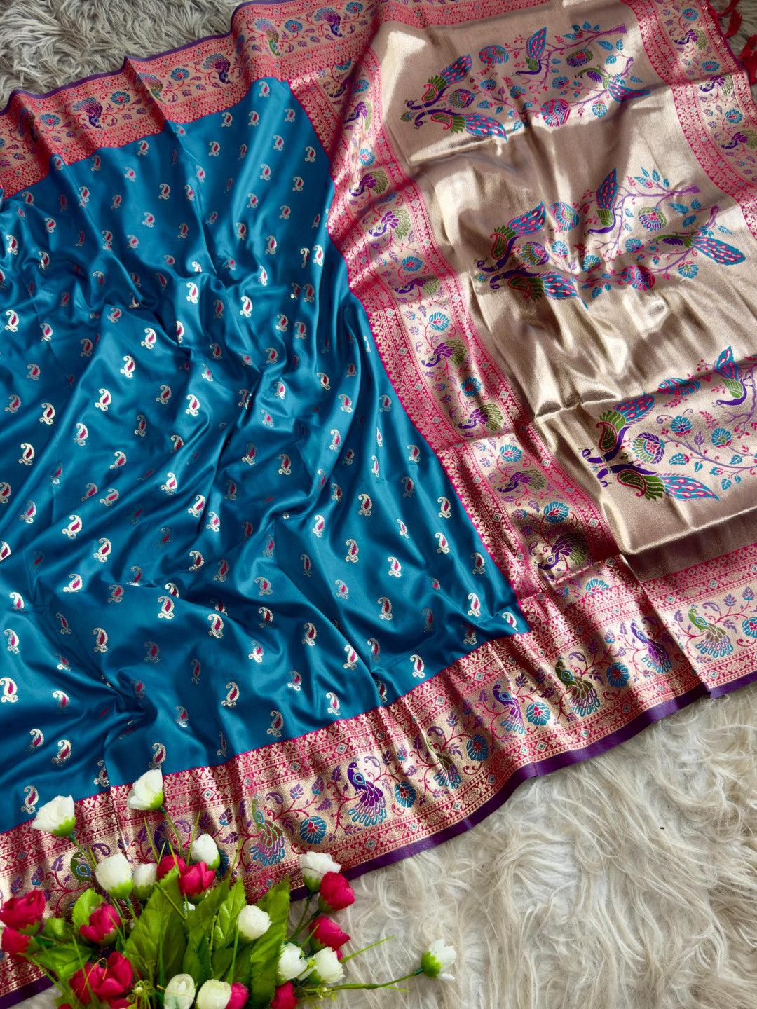Sky blue traditional paithani silk saree with peacock zari weaving work