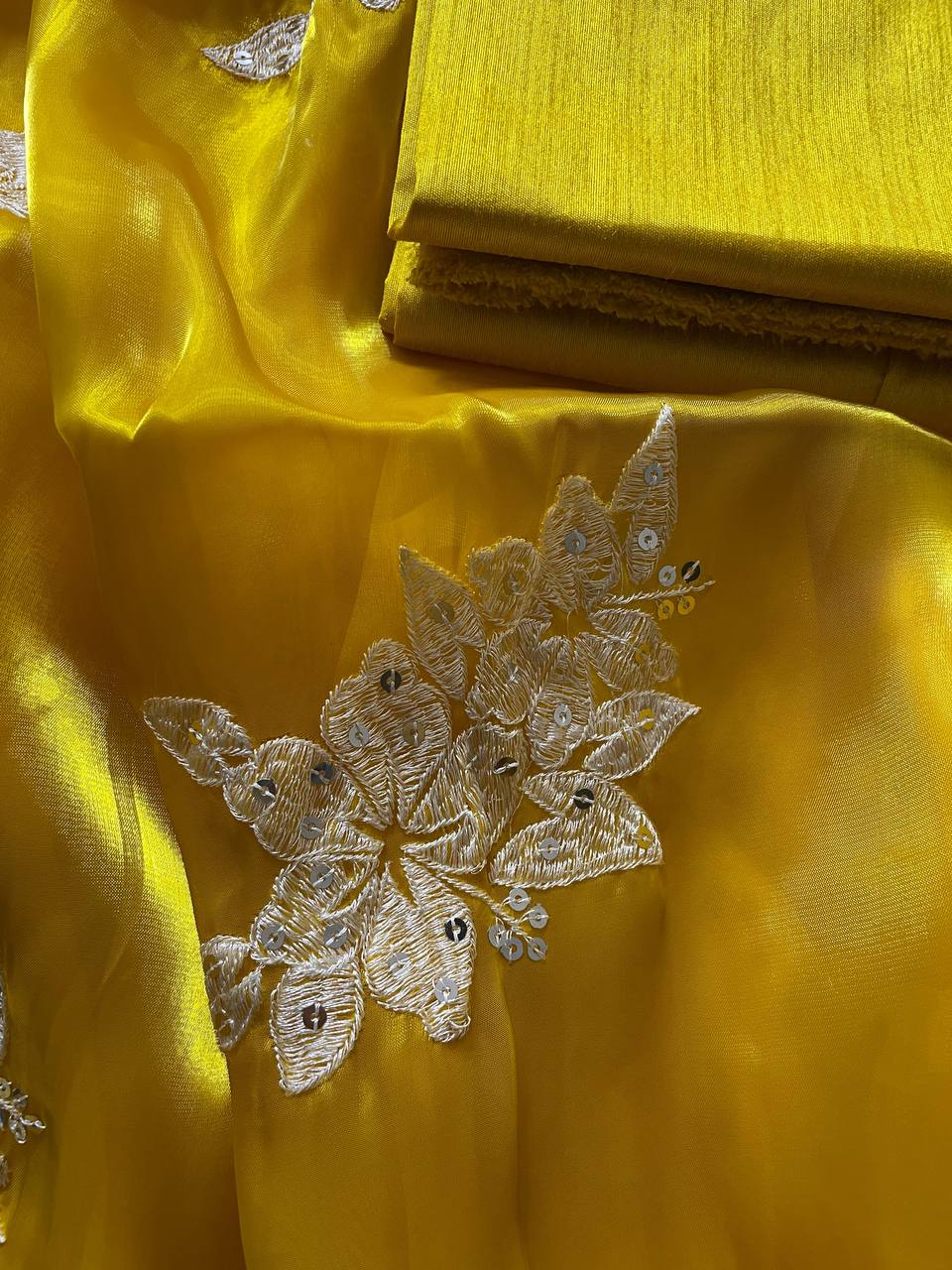 Yellow fancy jimmy choo silk saree with embroidery and sequence work
