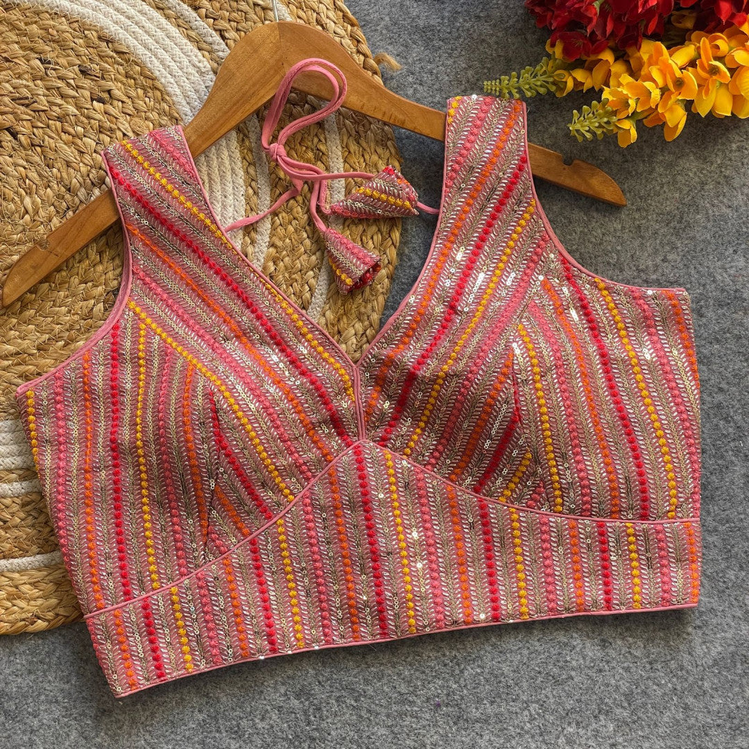 Baby pink fox georgette fancy readymade blouse with embroidery work