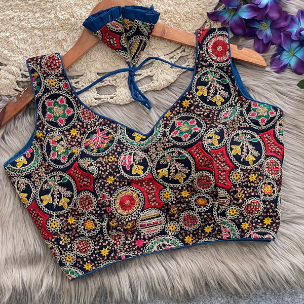 Navy blue georgette fancy readymade blouse with embroidery and sequence work