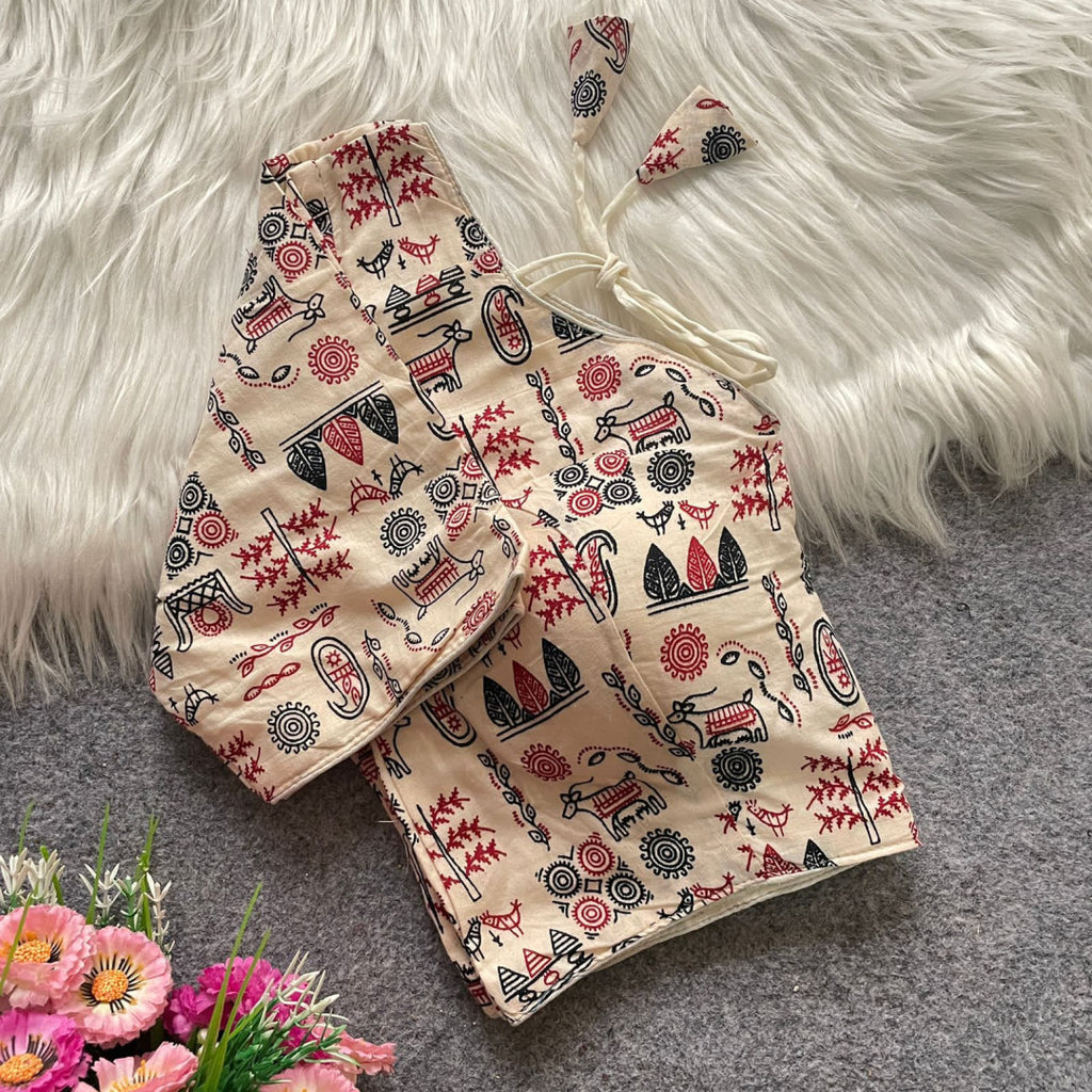 White colour ajarakh printed cotton readymade blouse