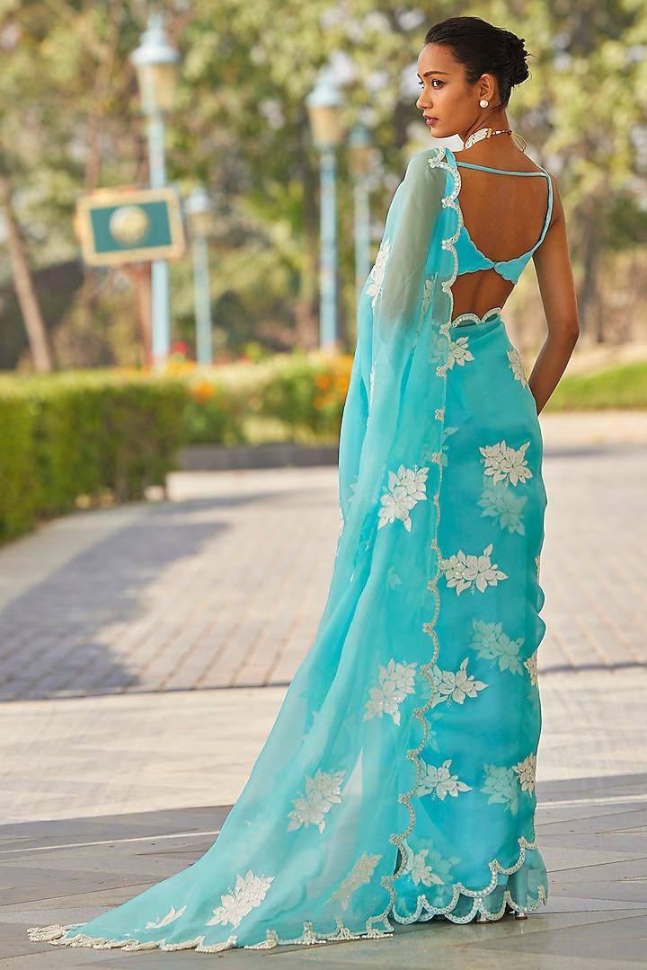 Sky blue fancy jimmy choo silk saree with embroidery and sequence work