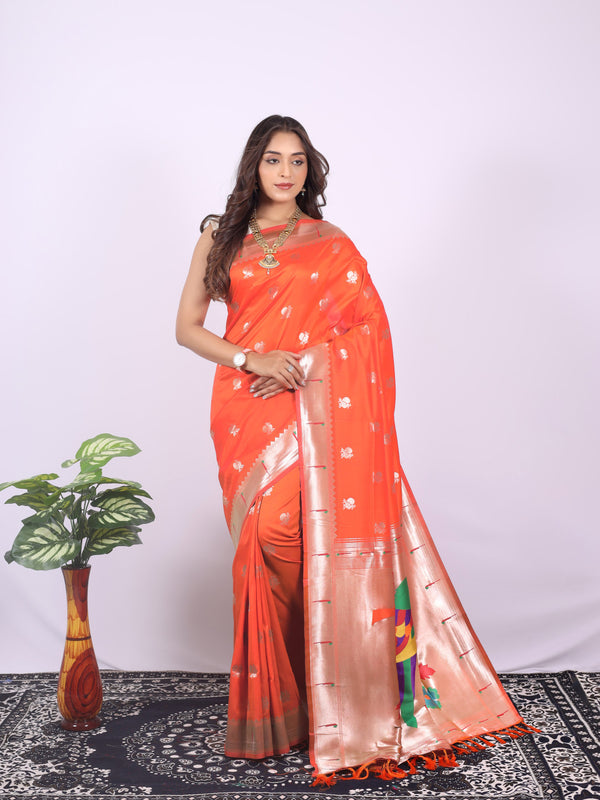 Orange color paithani silk saree with zari weaving work