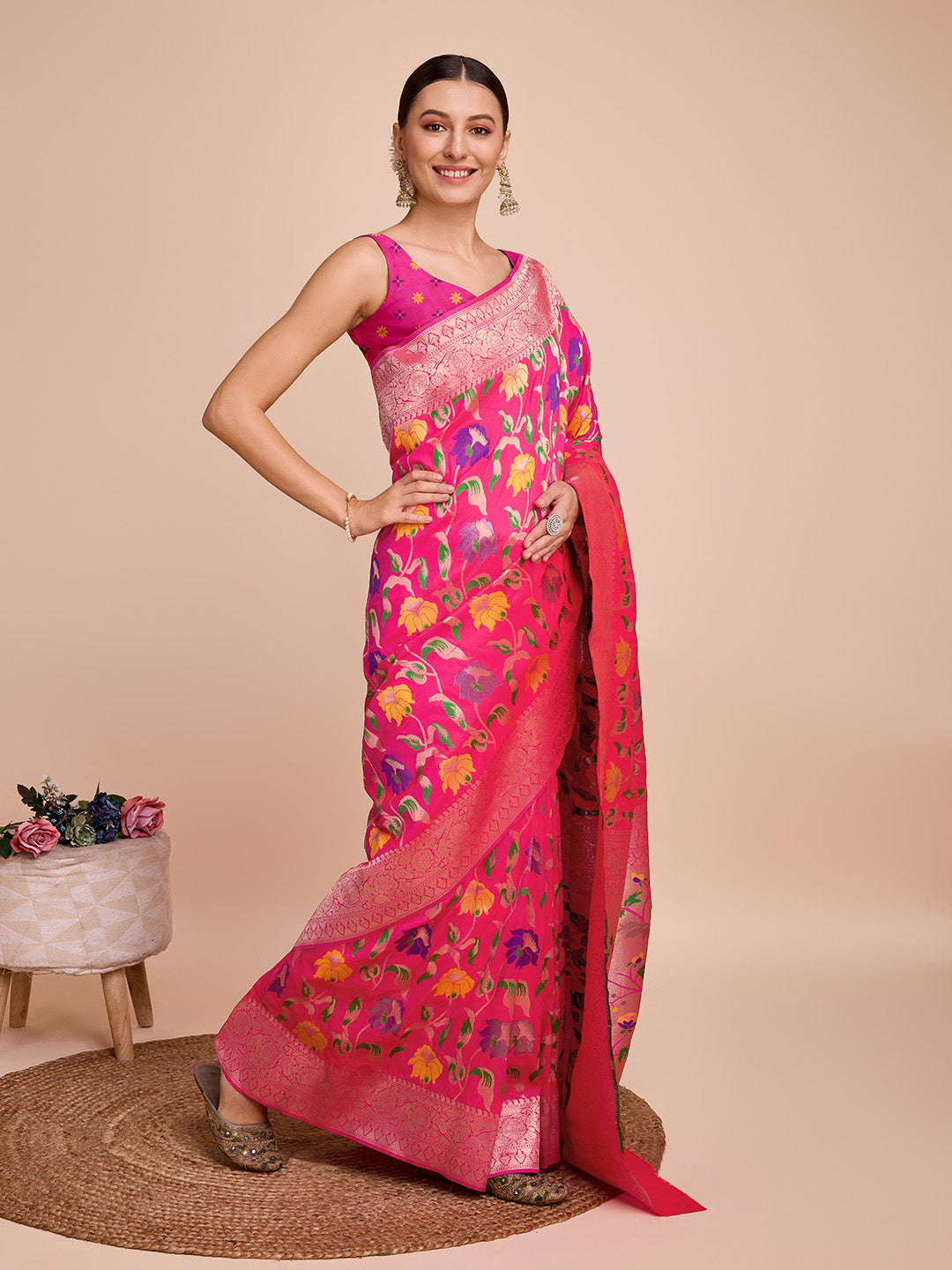 Rani pink color paithani silk saree with zari weaving work