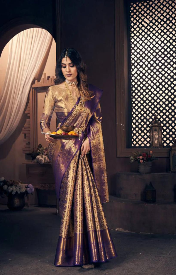 Premium banarasi tissue silk purple saree with zari weaving work