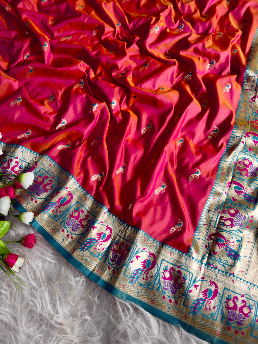 Peach traditional paithani silk saree with peacock zari weaving work