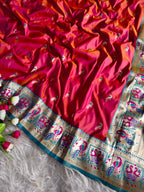Peach traditional paithani silk saree with peacock zari weaving work