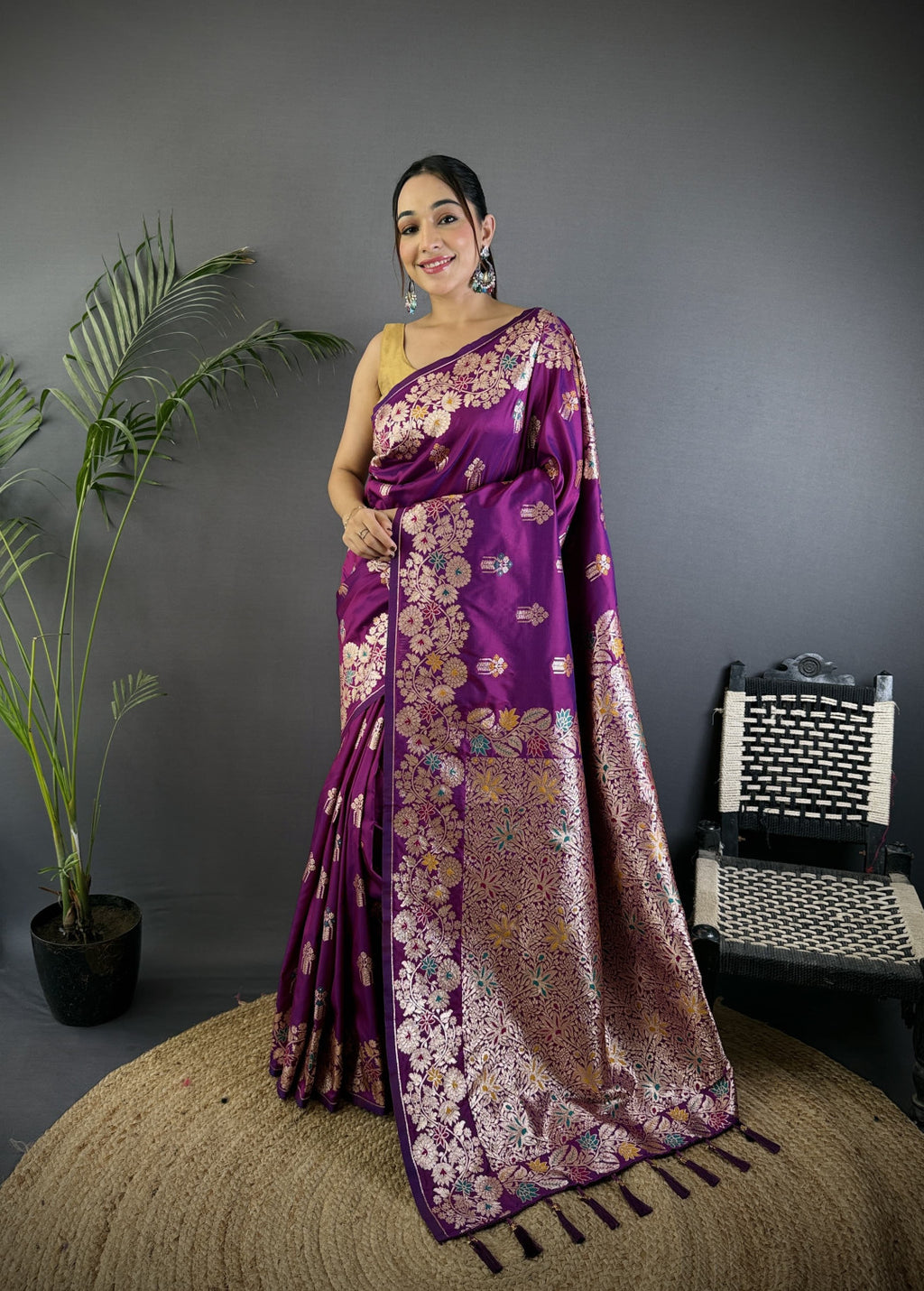 Purple premium banarasi silk saree with meenakari zari weaving work