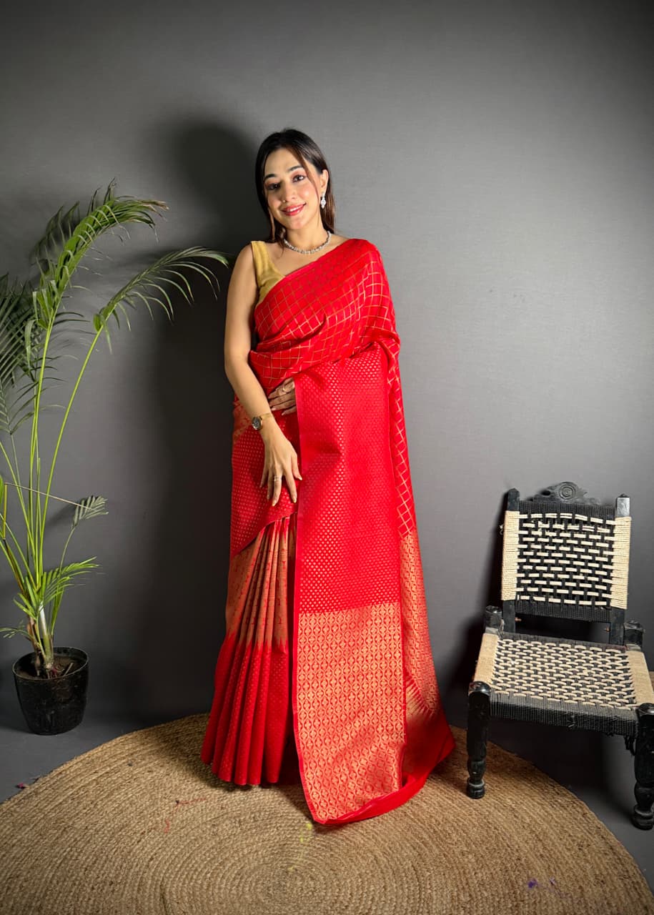 Red color banarasi silk saree with zari weaving work