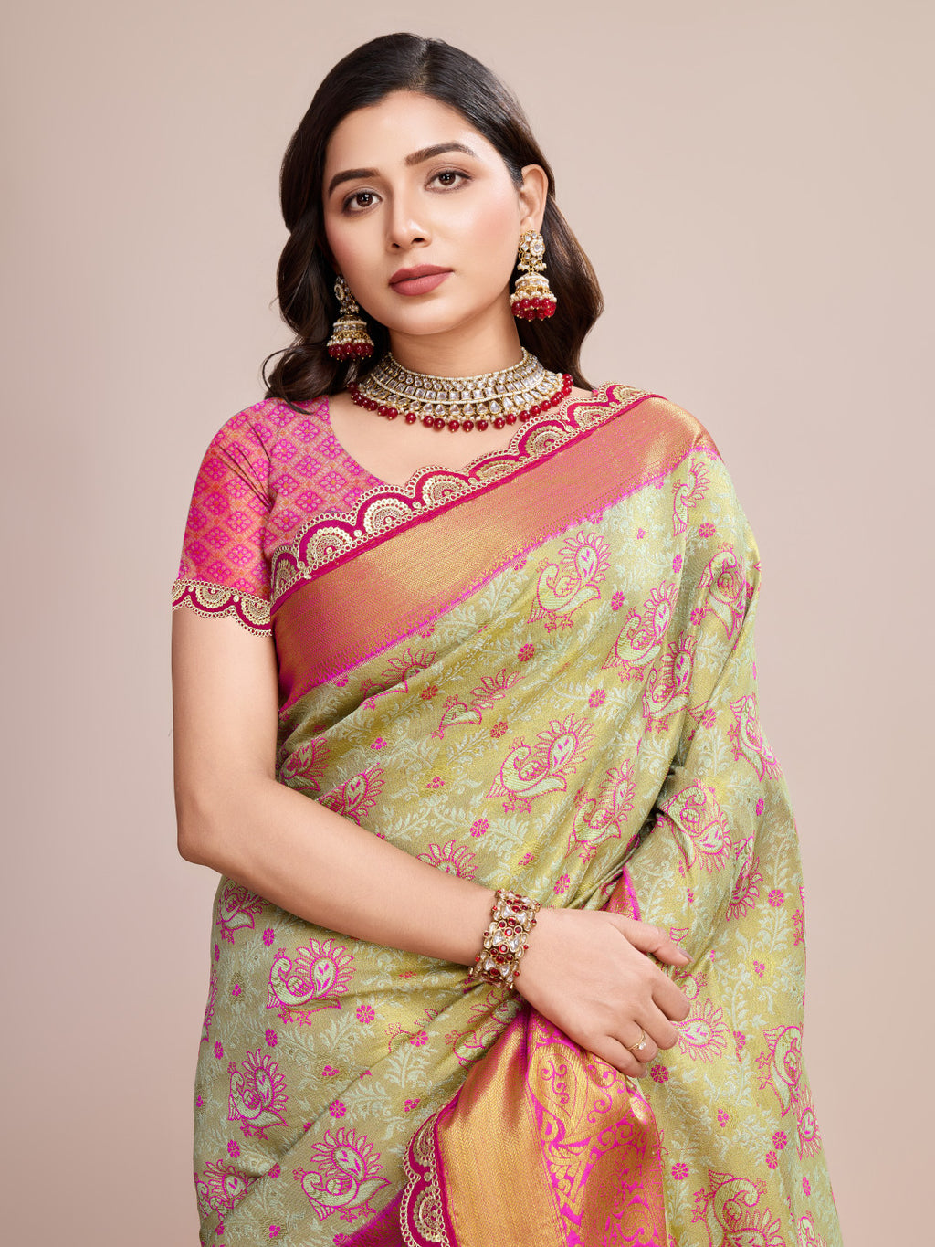 Pista green kanjivaram silk saree with zari weaving work