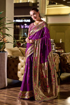 Traditional magenta paithani silk saree with zari weaving work