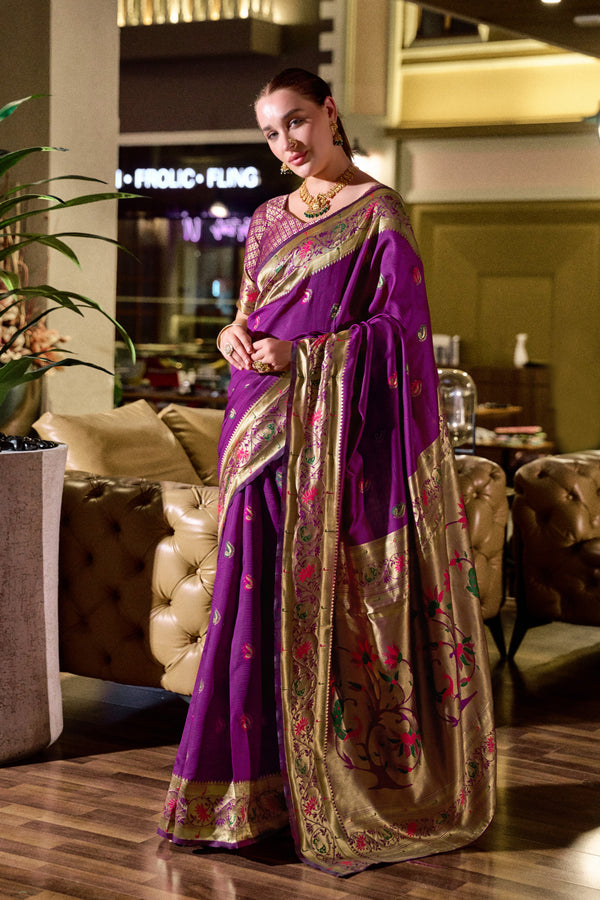Traditional magenta paithani silk saree with zari weaving work