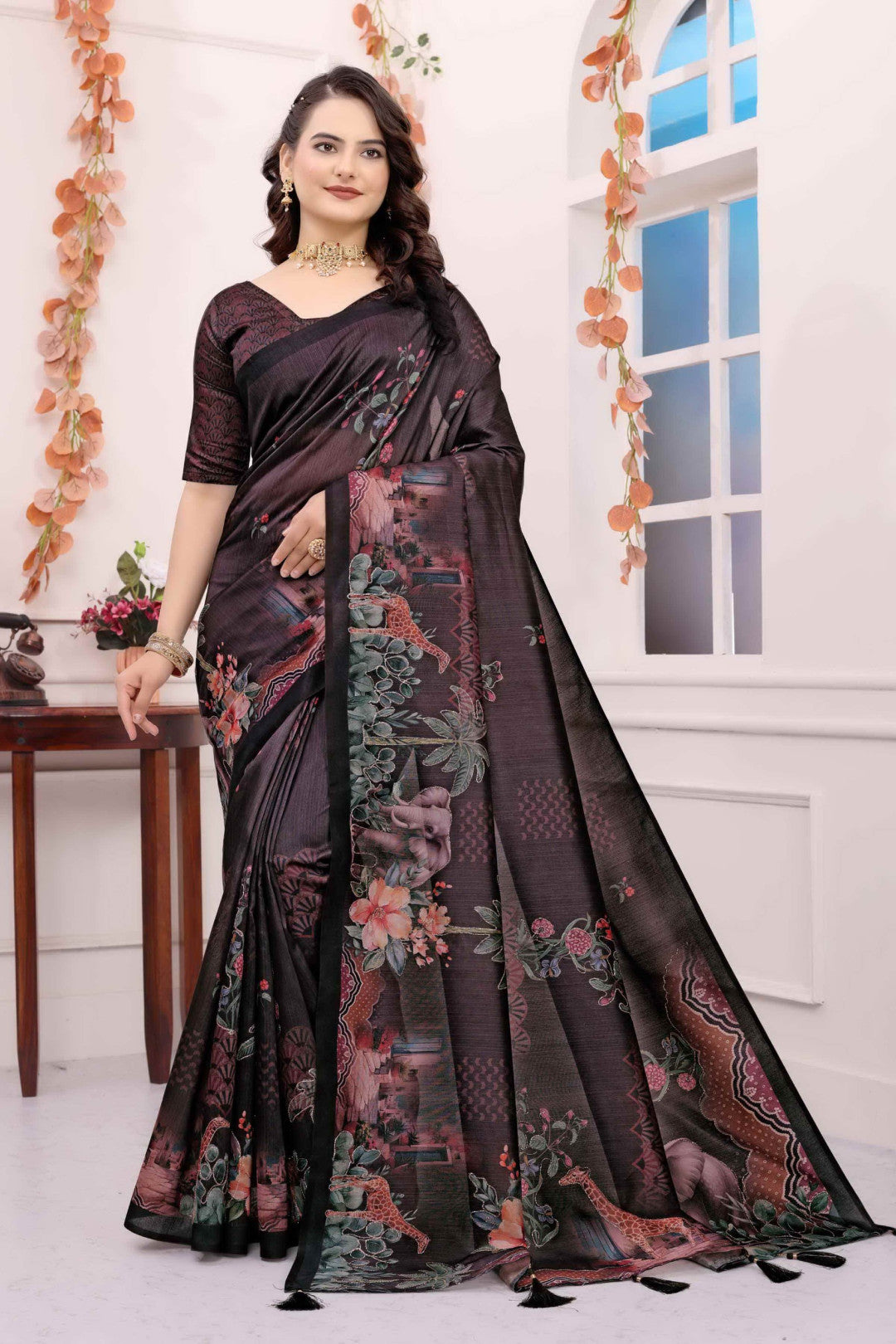 Brown kalamkari printed premium tussar silk saree