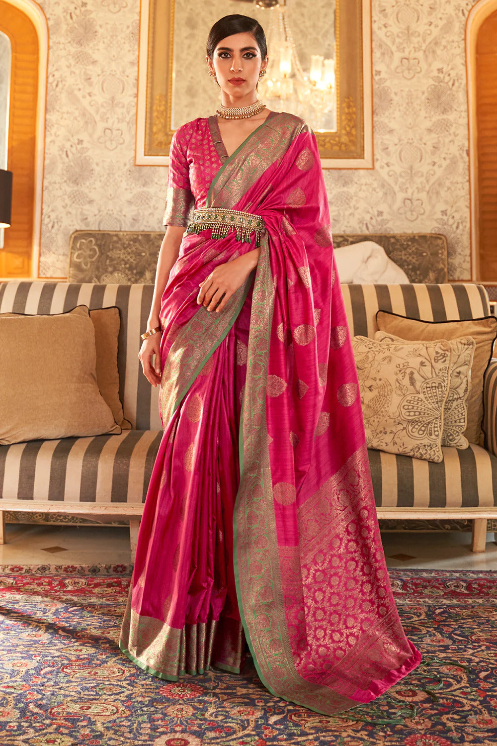Rani pink color soft banarasi silk saree with zari weaving work