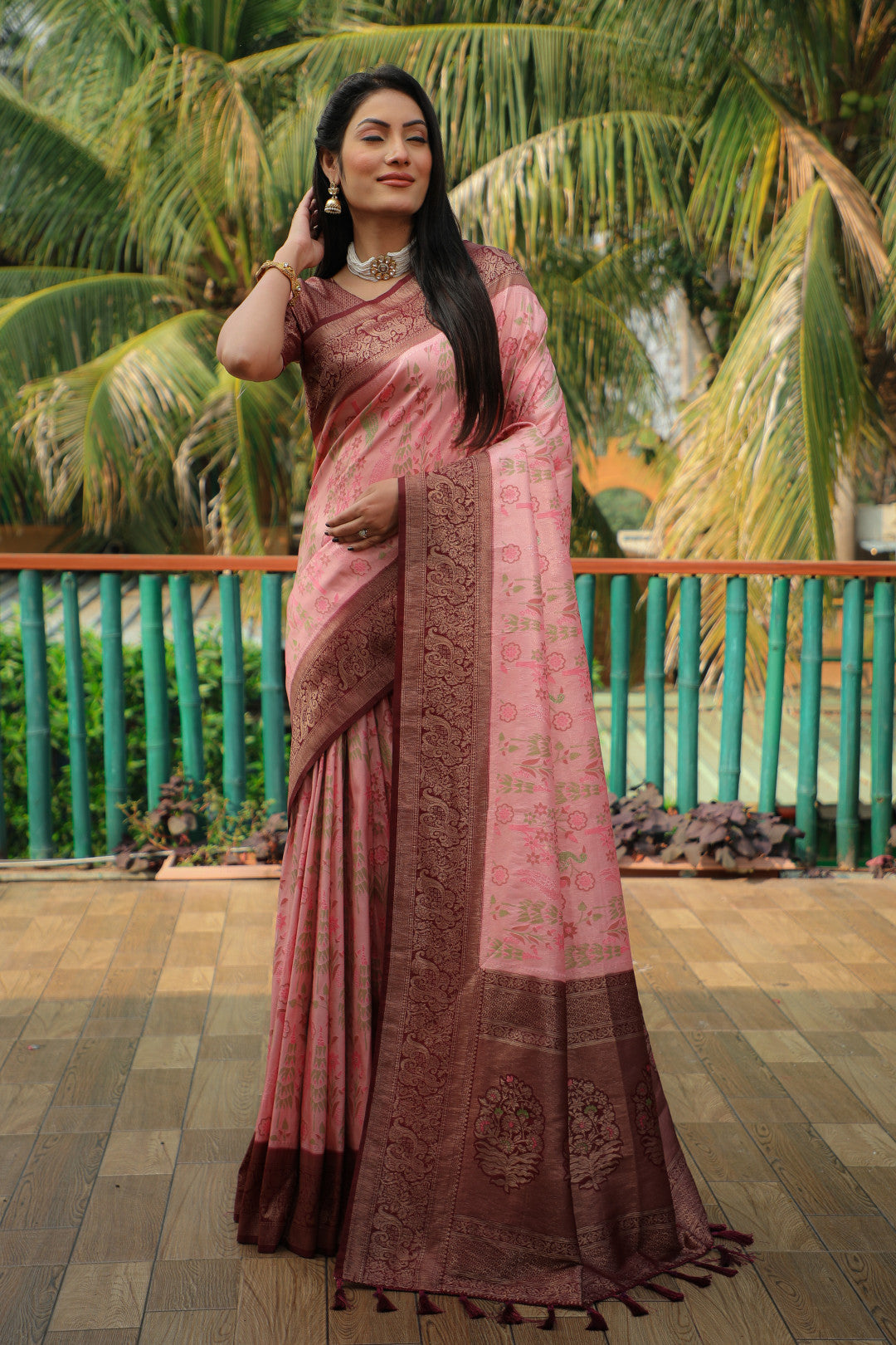Pink color kanjivaram silk saree with zari weaving work