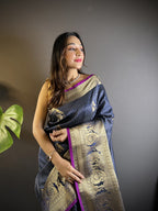 Navy blue kanchipuram silk saree with golden zari weaving work