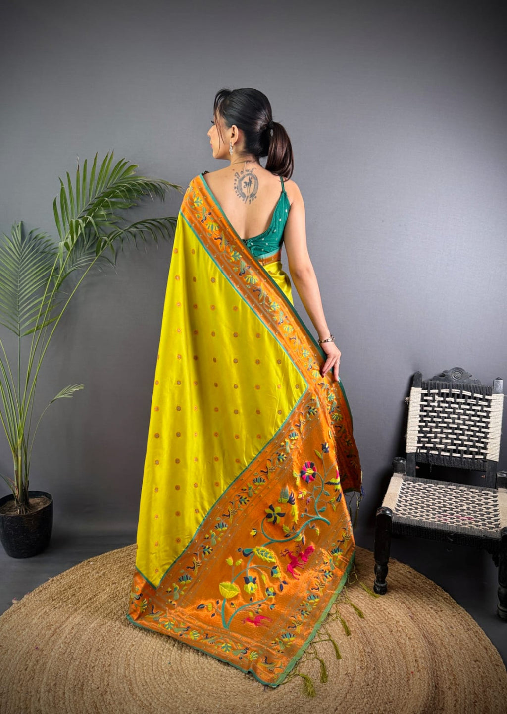 Parrot green colour paithani silk saree with zari weaving work