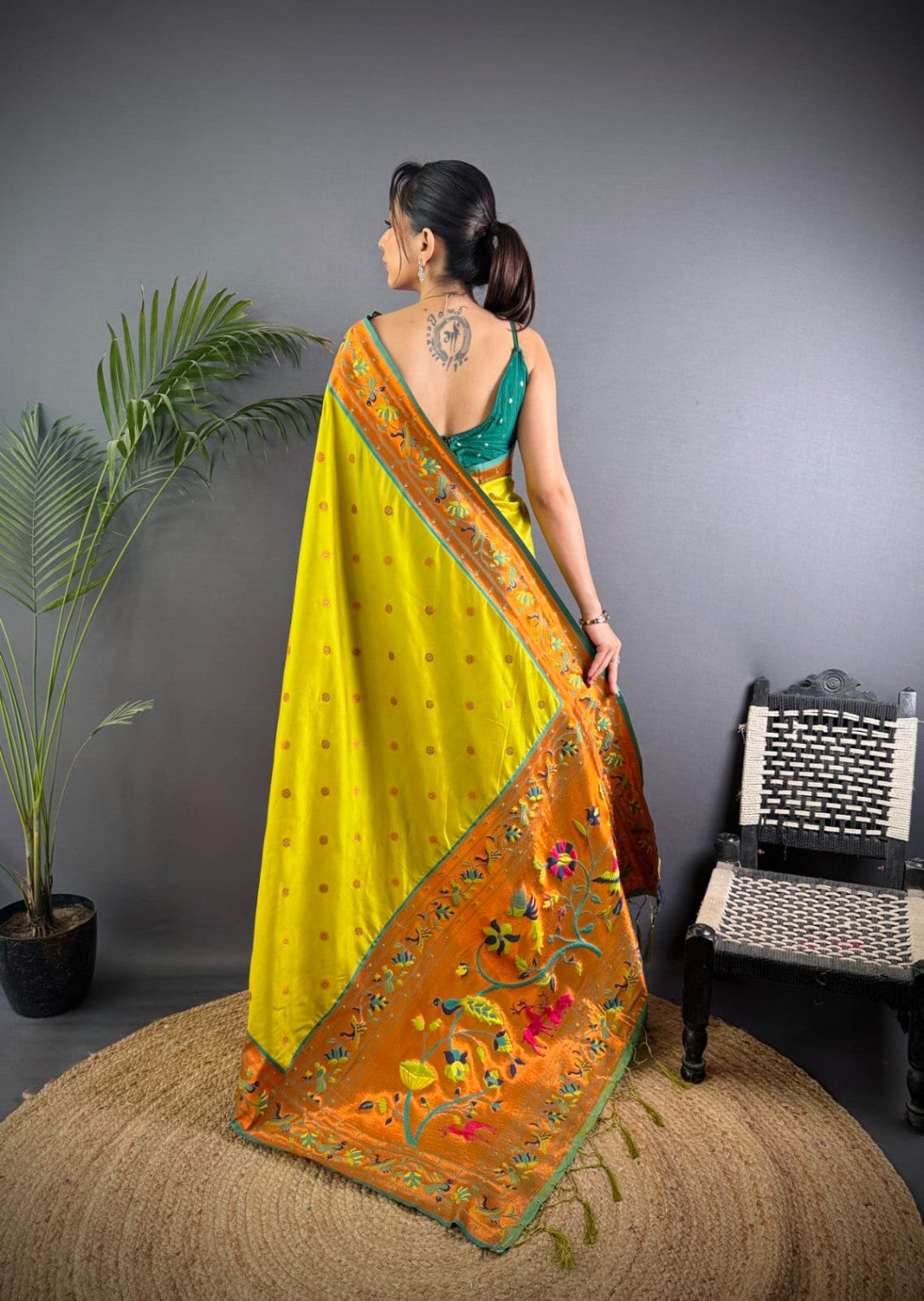 Parrot green colour paithani silk saree with zari weaving work