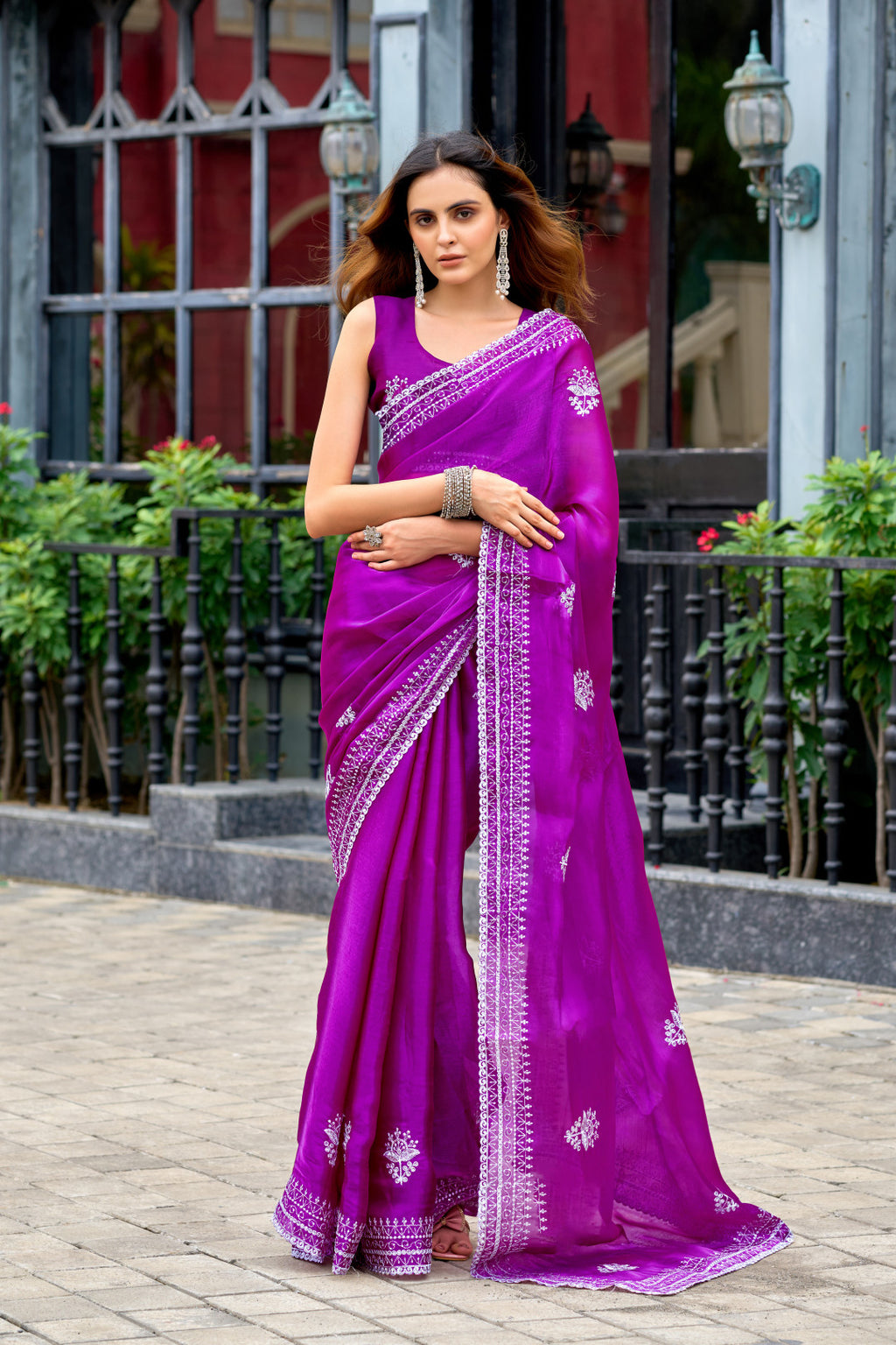 Magenta fancy shimmer chiffon saree with embroidery work