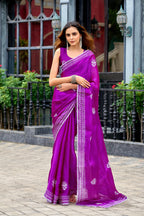 Magenta fancy shimmer chiffon saree with embroidery work