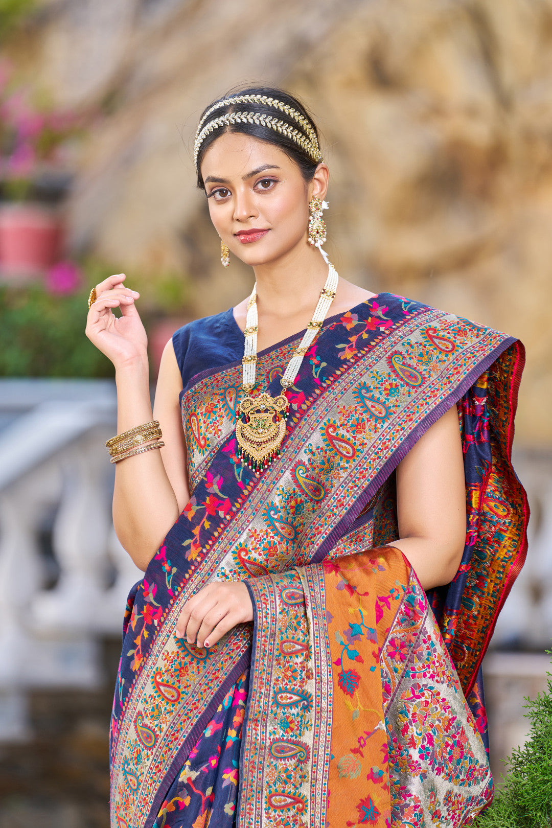 Navy blue color banarasi silk saree with zari weaving work